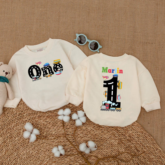 Personalized Colorful Transportation First Birthday Romper One Year Old Bubble Bodysuit Vehicles Trains Cars Planes Cake Smash Outfit Infant Boy Girl Party