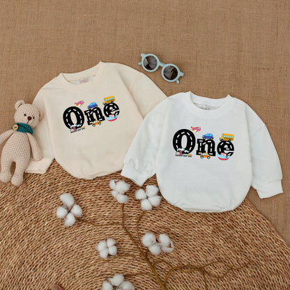 Personalized Colorful Transportation First Birthday Romper One Year Old Bubble Bodysuit Vehicles Trains Cars Planes Cake Smash Outfit Infant Boy Girl Party