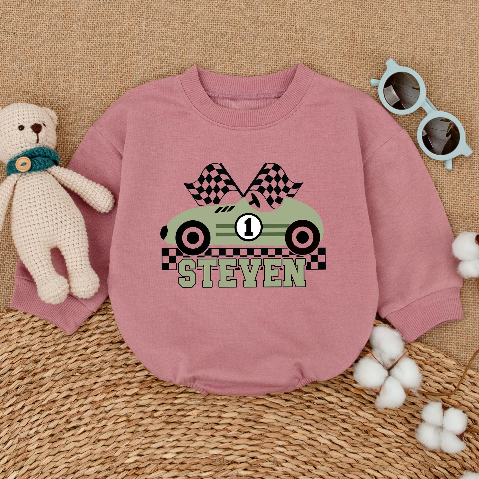 Personalized Fast One 1st Birthday Race Car Romper for Baby Boy with Muted Green Checkered Flag Design Number One Cake Smash Outfit