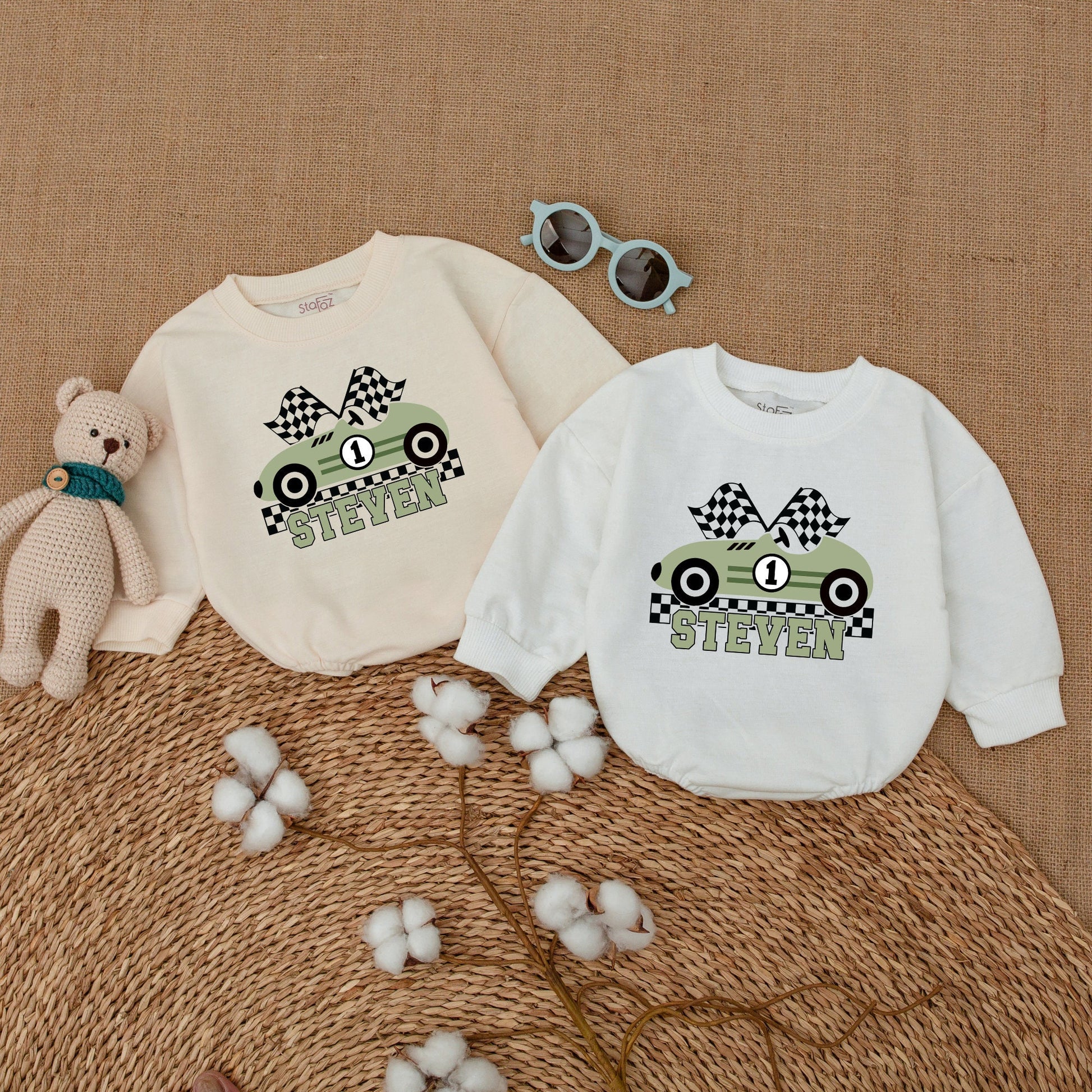 Personalized Fast One 1st Birthday Race Car Romper for Baby Boy with Muted Green Checkered Flag Design Number One Cake Smash Outfit