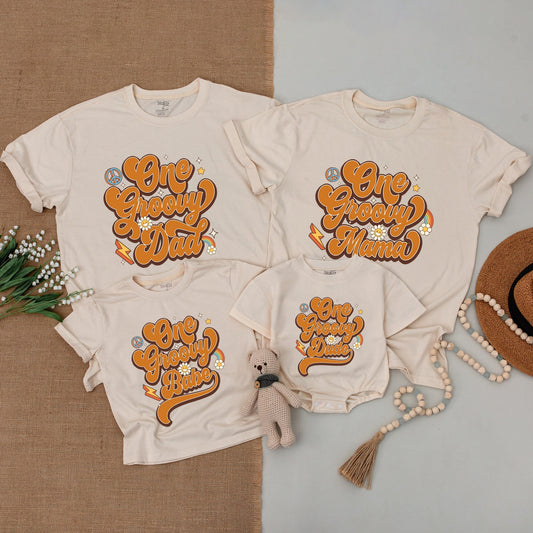 One Groovy Birthday Shirt 70s Retro Mommy and Me Outfits First Birthday Bodysuit with Peace Signs Rainbows and Daisy Flowers