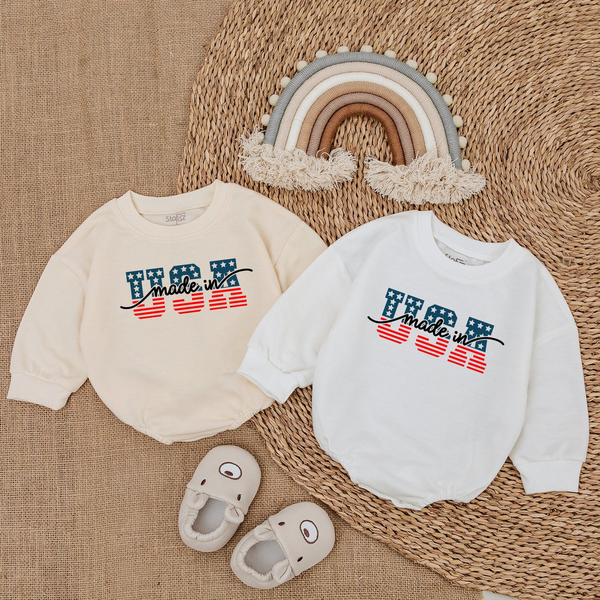"USA Made" Patriotic Baby Bubble Romper Stars & Stripes Design Fourth of July Infant Bodysuit Comfortable Newborn Outfit Baby Clothes Boy Girl