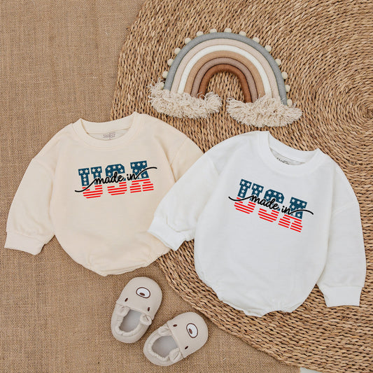 "USA Made" Patriotic Baby Bubble Romper Stars & Stripes Design Fourth of July Infant Bodysuit Comfortable Newborn Outfit Baby Clothes Boy Girl