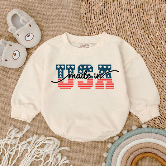 "USA Made" Patriotic Baby Bubble Romper Stars & Stripes Design Fourth of July Infant Bodysuit Comfortable Newborn Outfit Baby Clothes Boy Girl