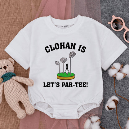Custom Let's Par-Tee Golf First Birthday Bubble Romper Short Sleeve Infant Boy Outfit Cartoon Golf Ball Club Green Grass Celebration Gift