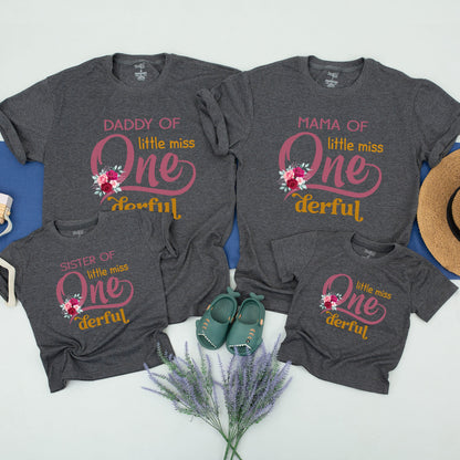 Onederful First Birthday Family Matching Shirts Whimsical Swirly One Pink Rose Floral Design for Mama Daddy Brother Sister Girl Party