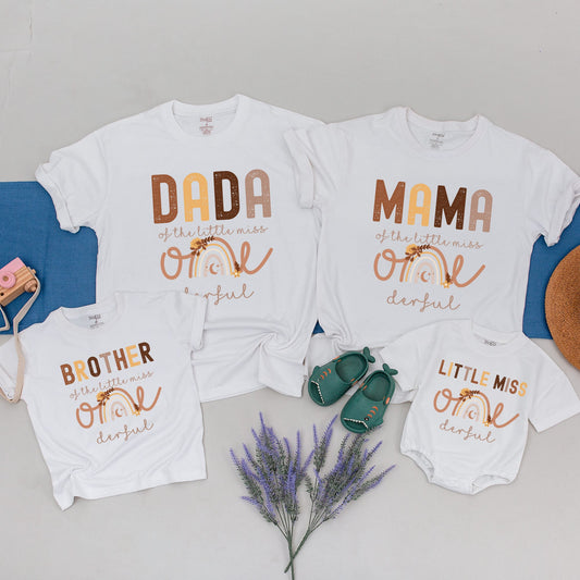 Boho Rainbow First Birthday Family Shirts for Girls Little Miss ONEderful Matching Outfits with Warm Boho Brown & Orange Hues, Floral Crescent Moon Design