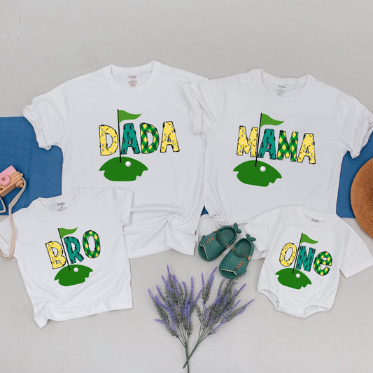 Matching Family Golf Birthday Shirts Yellow Green Black Patchwork Argyle Hole In One 1st Party Celebration Outfits For Baby