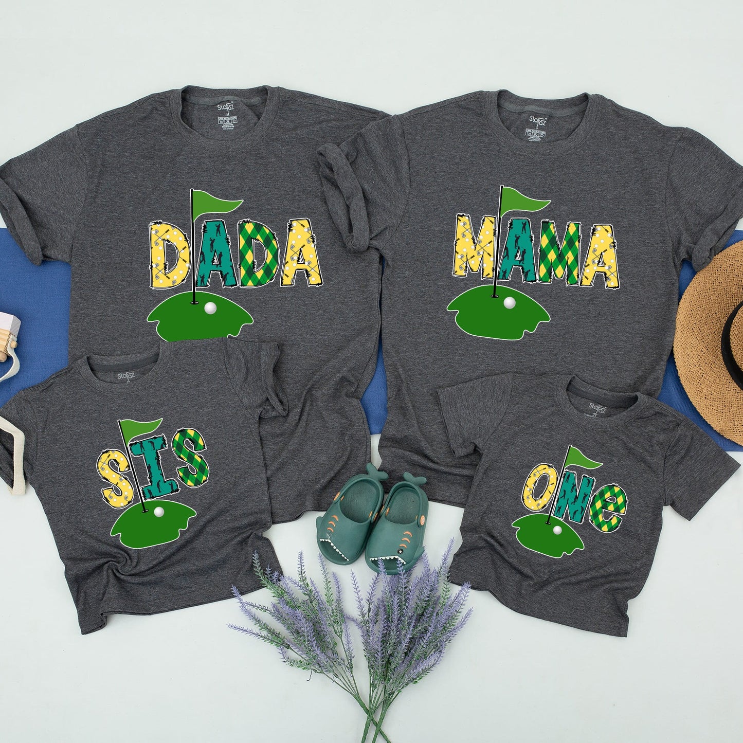 Matching Family Golf Birthday Shirts Yellow Green Black Patchwork Argyle Hole In One 1st Party Celebration Outfits For Baby