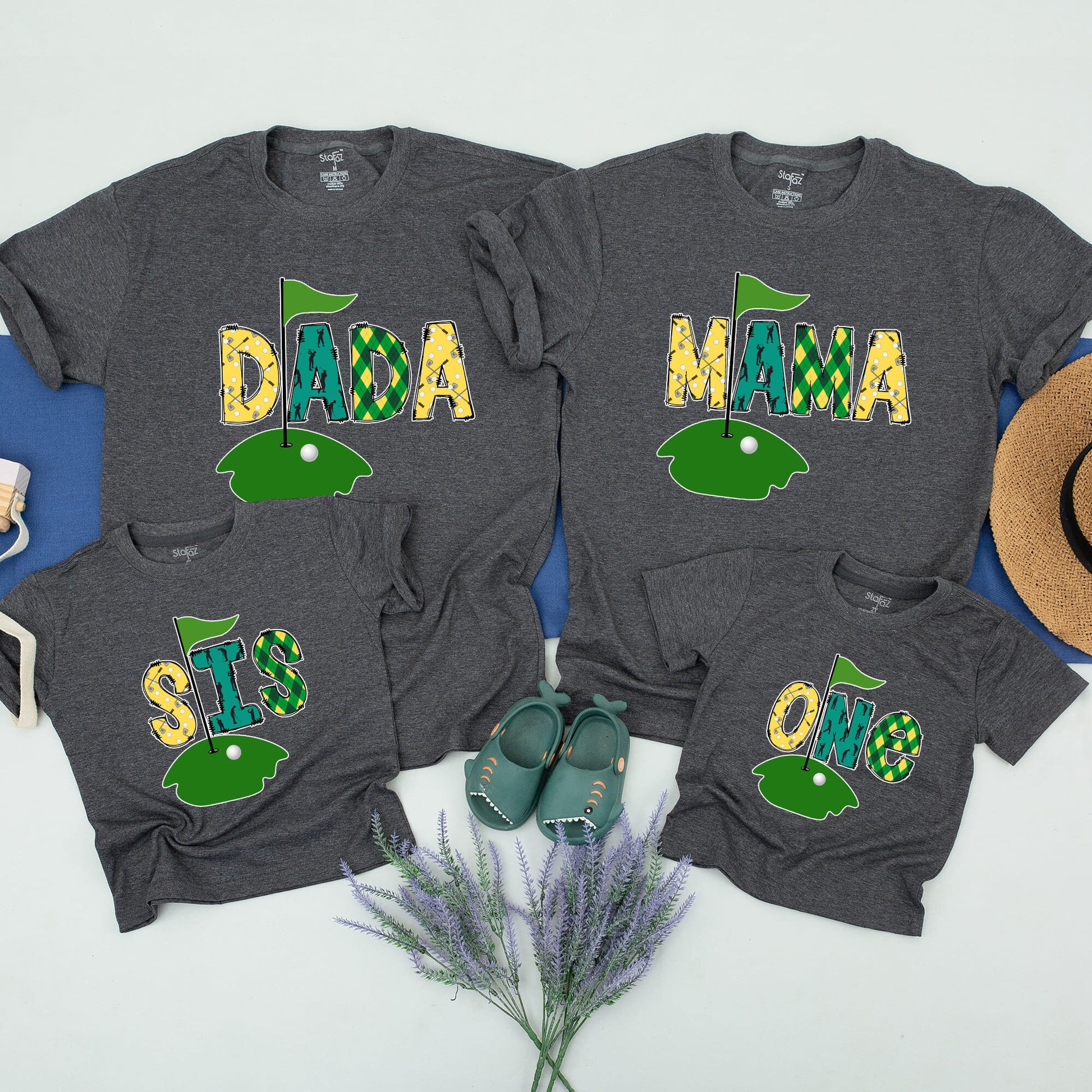 Matching Family Golf Birthday Shirts Yellow Green Black Patchwork Argyle Hole In One 1st Party Celebration Outfits For Baby