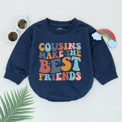 Cousins Make Best Friends Retro Romper Baby Bodysuit Vibrant 70s Stars Fun Orange Navy Blue Teal Colors Toddler Outfit Shower Gift