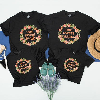 Custom Peach 1st Birthday Matching Family Shirts One Sweet Peach Baby Girl Party Outfits with Retro Font Muted Peach Wreath Design