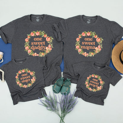 Custom Peach 1st Birthday Matching Family Shirts One Sweet Peach Baby Girl Party Outfits with Retro Font Muted Peach Wreath Design