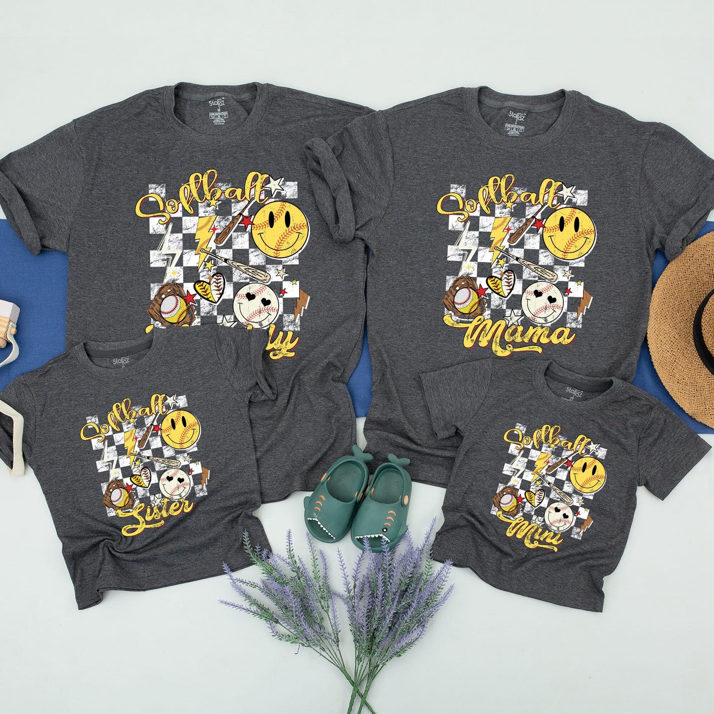 Personalized Retro Softball Family Matching Game Day Shirt Smiley Face Yellow Black Checkered Mama Daddy Brother Mini Tee