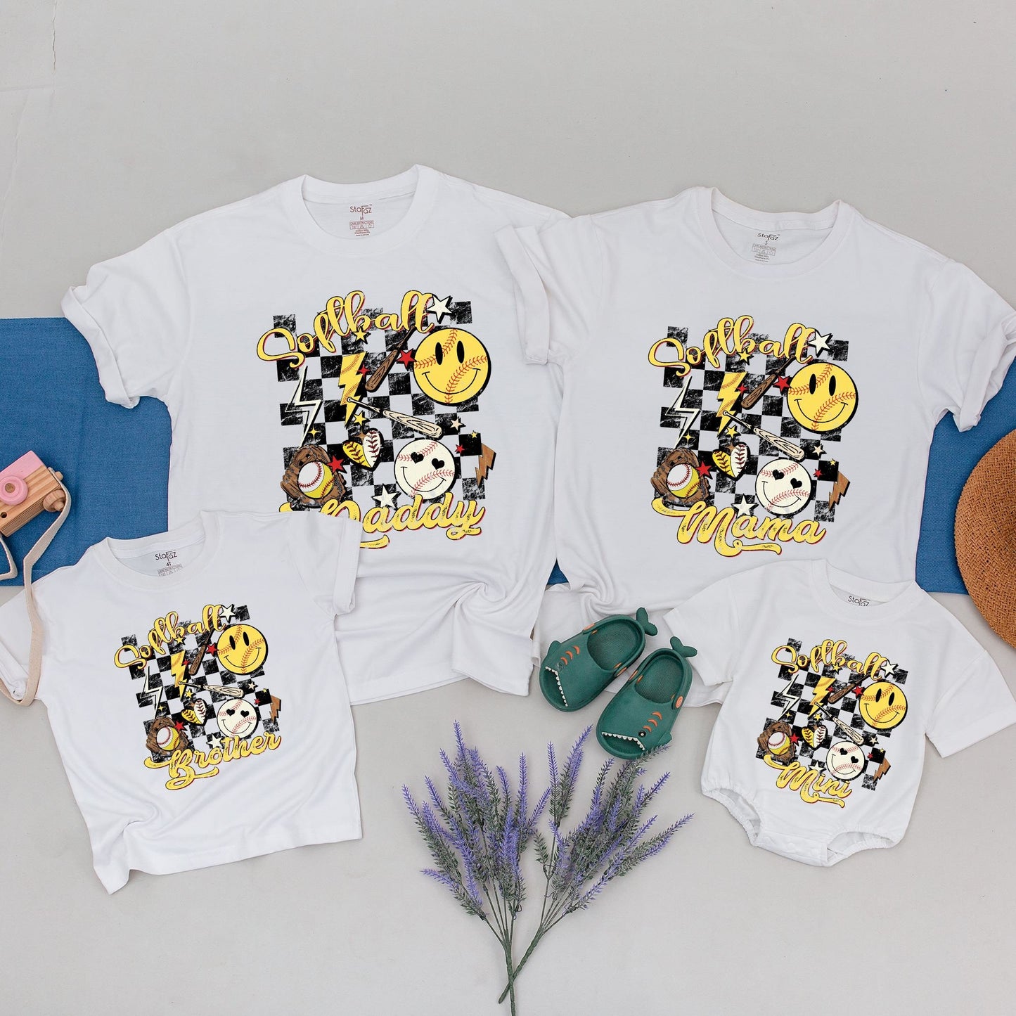 Personalized Retro Softball Family Matching Game Day Shirt Smiley Face Yellow Black Checkered Mama Daddy Brother Mini Tee
