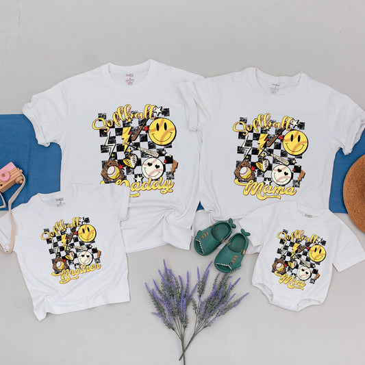 Personalized Retro Softball Family Matching Game Day Shirt Smiley Face Yellow Black Checkered Mama Daddy Brother Mini Tee