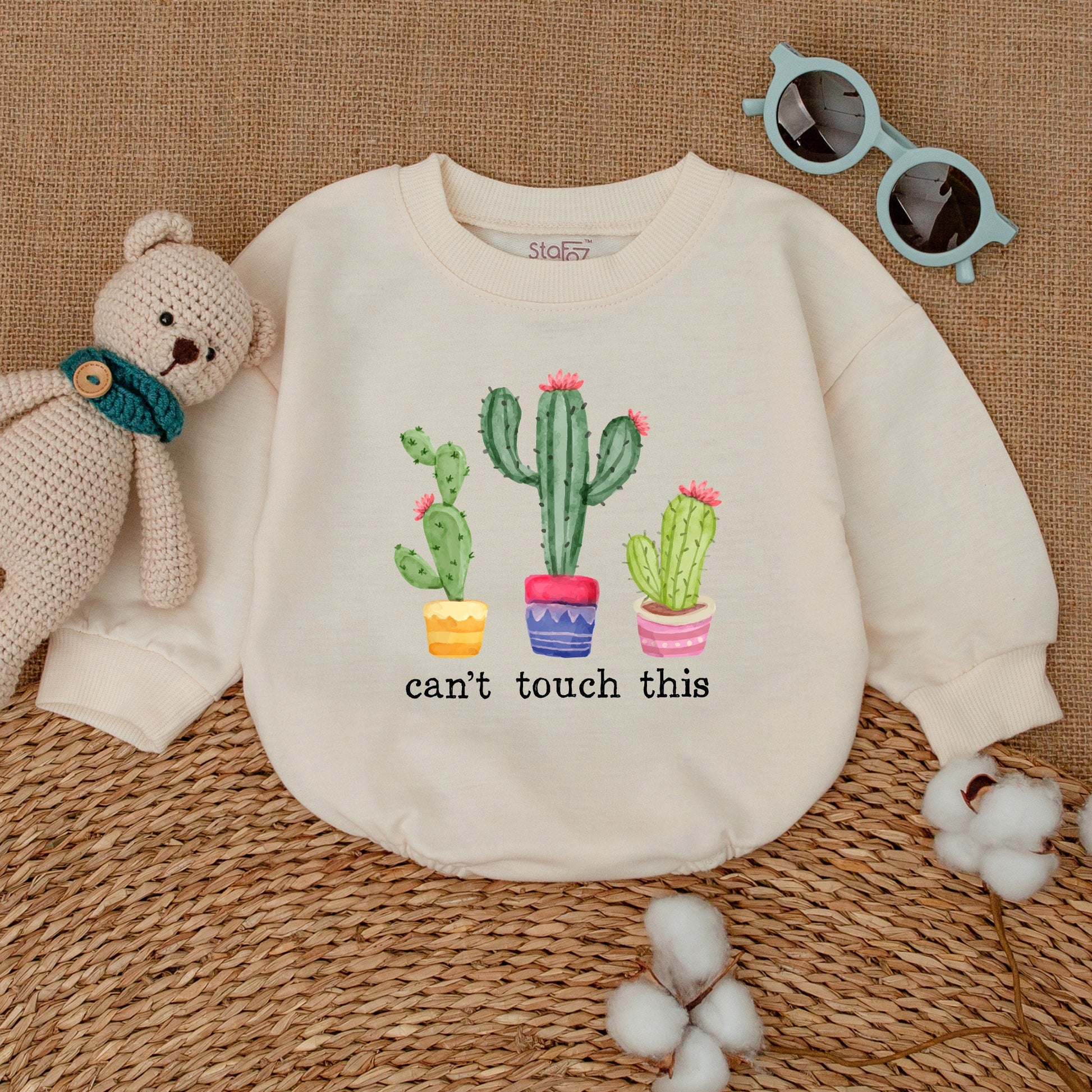 Playful Cactus Can't Touch This Baby Romper Bodysuit Cute Three Cacti Design Pink Flowers Yellow Blue Pink Pots Hipster Funny Baby Shower Gift