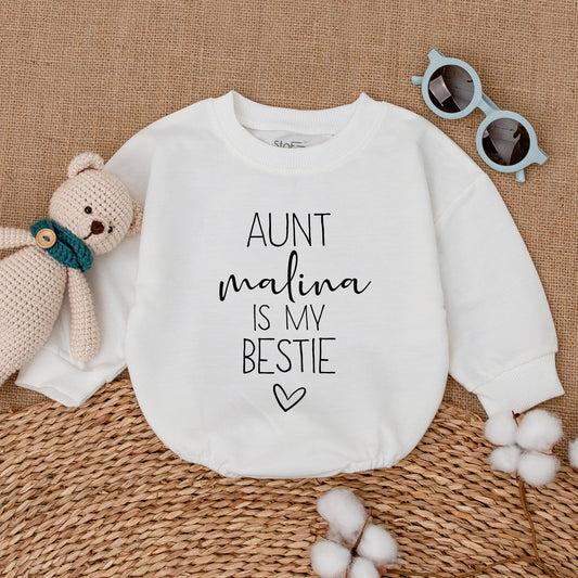 Personalized Aunt Malina Is My Bestie Baby Romper Bodysuit with Black Heart Design Simple Modern Auntie's Best Friend Outfit Newborn Gift