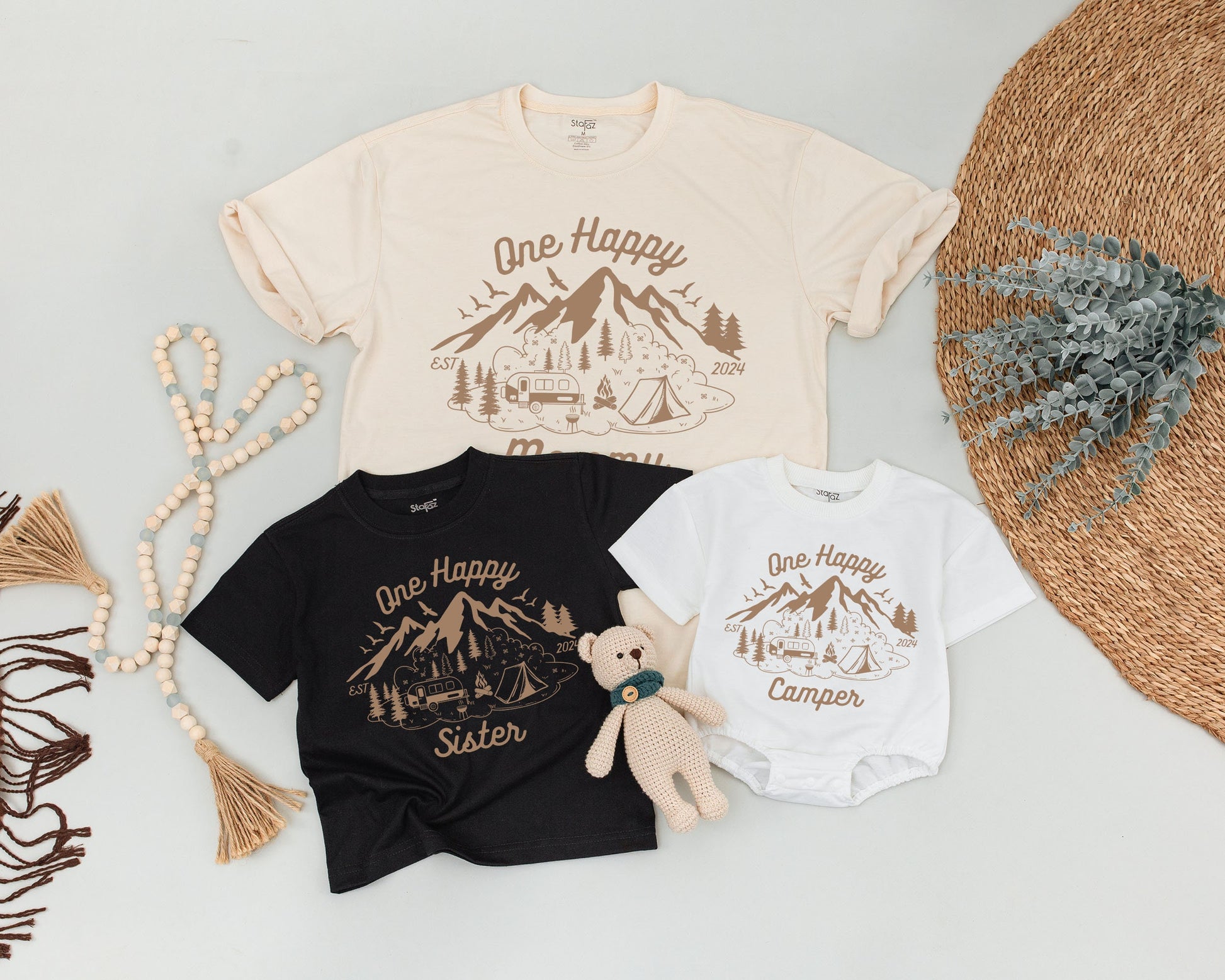 One Happy Camper First Birthday Family Matching Shirts Brown Mountain Camping Design Vacation Outfits Dad Mommy Brother EST 2024