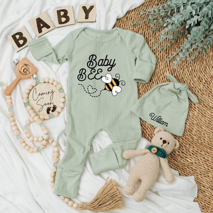 Personalized William Name Baby Bee Bodysuit & Hat Set Cute Honeybee Newborn Outfit Gender Neutral Pregnancy Reveal Going Home Gift