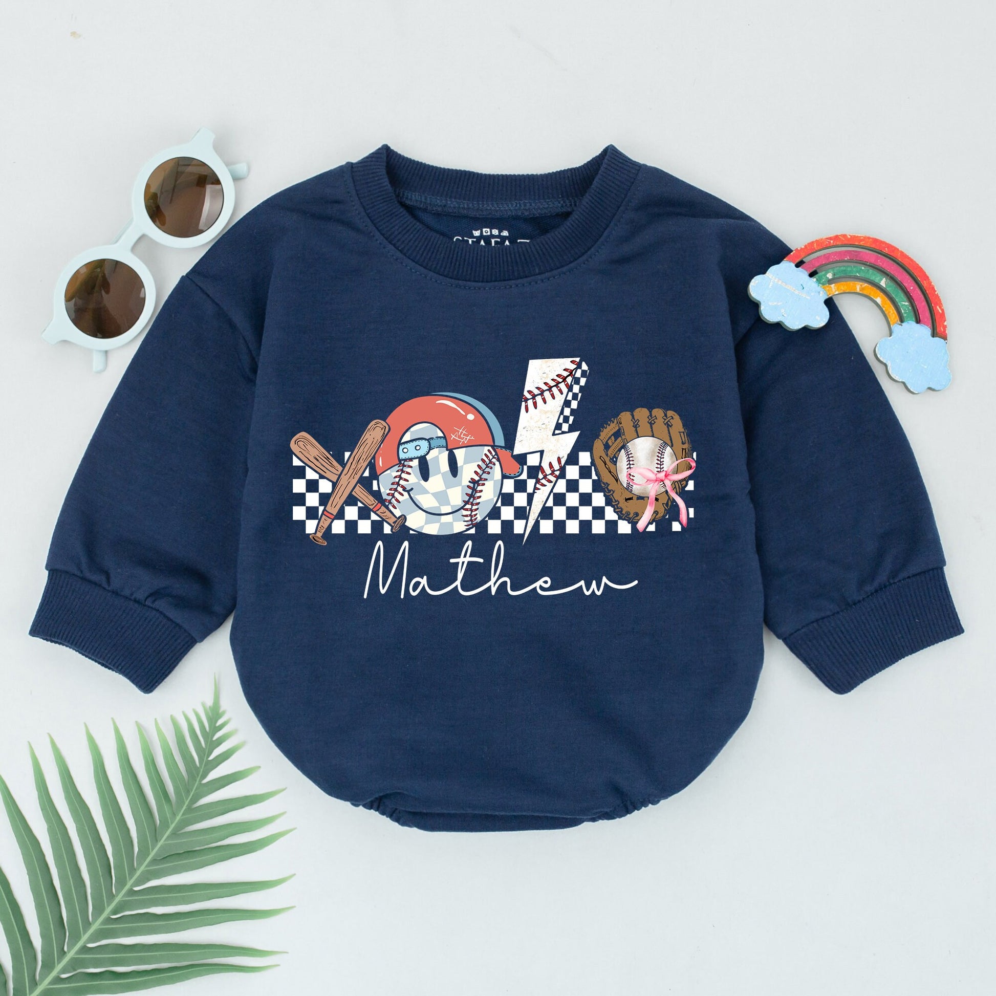Personalized Retro Baseball Game Day Bubble Romper for Baby Boy featuring a Whimsical Helmet Bats Glove and Lightning Bolt Design for Gameday Season