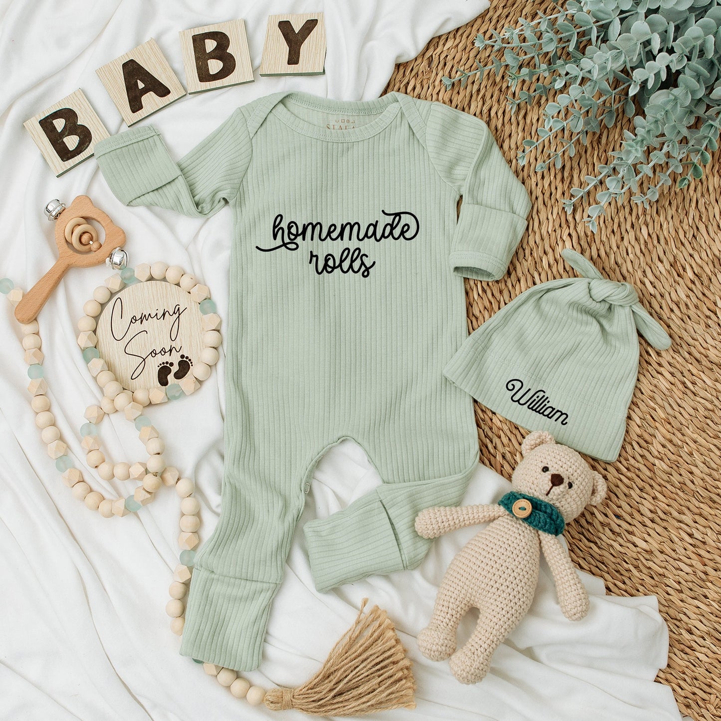 Personalized Newborn Bodysuit and Hat Set with Homemade Rolls William Name, Natural Retro Baby Outfit, Thanksgiving Reveal Gift