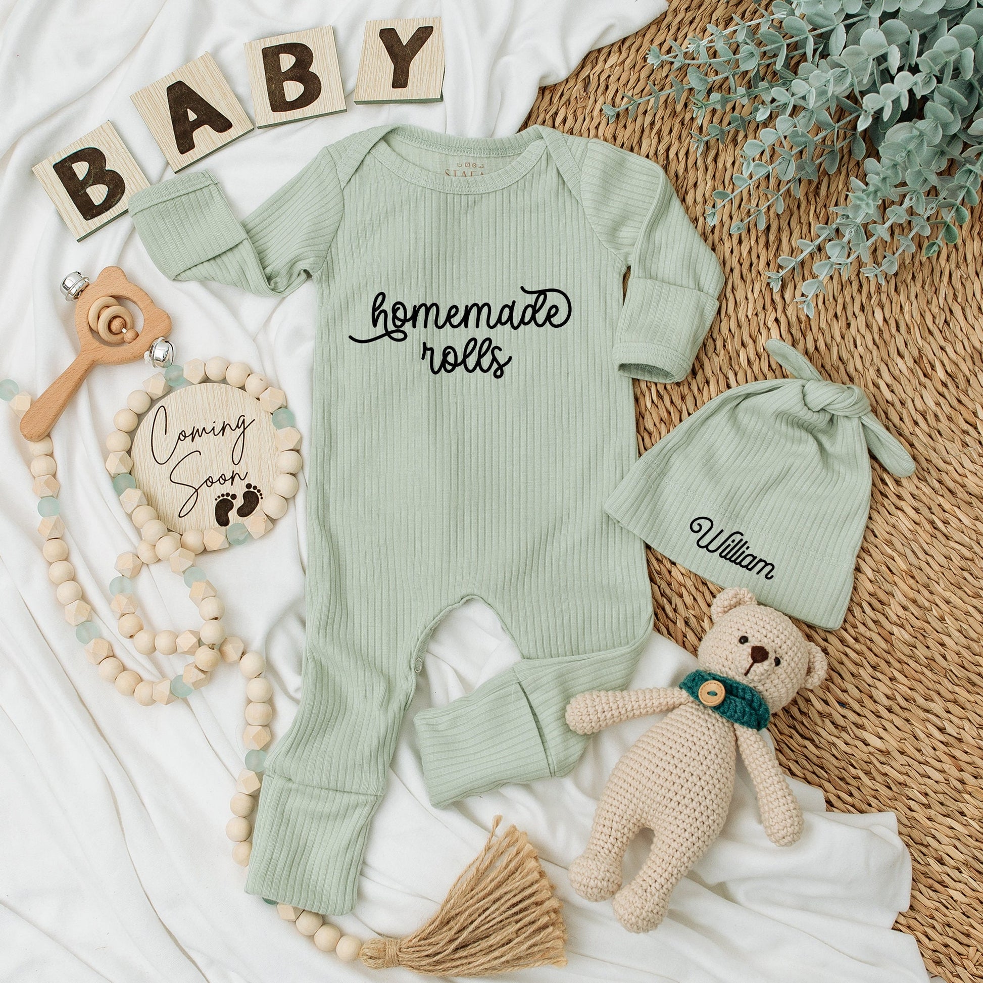 Personalized Newborn Bodysuit and Hat Set with Homemade Rolls William Name, Natural Retro Baby Outfit, Thanksgiving Reveal Gift