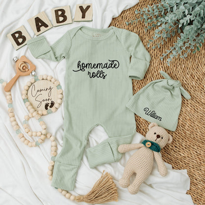 Personalized Newborn Bodysuit and Hat Set with Homemade Rolls William Name, Natural Retro Baby Outfit, Thanksgiving Reveal Gift