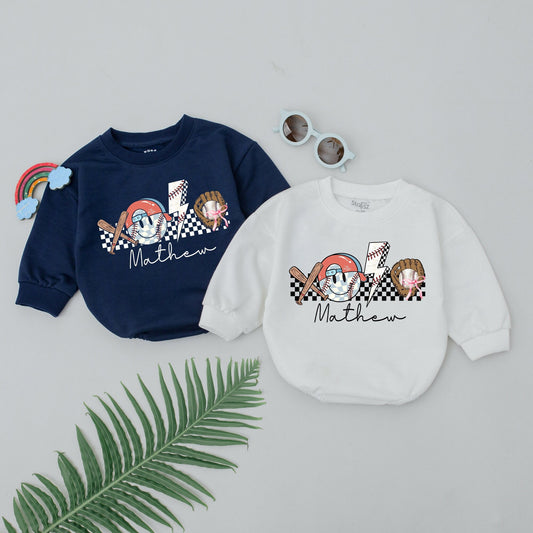 Personalized Retro Baseball Game Day Bubble Romper for Baby Boy featuring a Whimsical Helmet Bats Glove and Lightning Bolt Design for Gameday Season