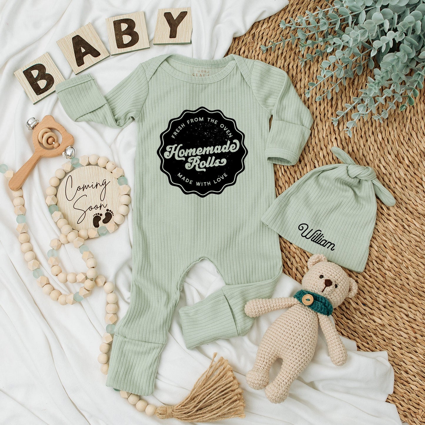 Personalized Homemade Rolls Baby Bodysuit & Hat Set Fresh from the Oven Vintage Rustic Pregnancy Reveal Gift