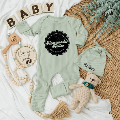 Personalized Homemade Rolls Baby Bodysuit & Hat Set Fresh from the Oven Vintage Rustic Pregnancy Reveal Gift
