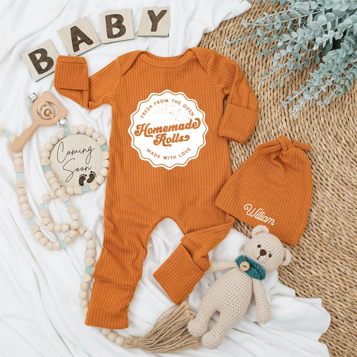 Personalized Homemade Rolls Baby Bodysuit & Hat Set Fresh from the Oven Vintage Rustic Pregnancy Reveal Gift