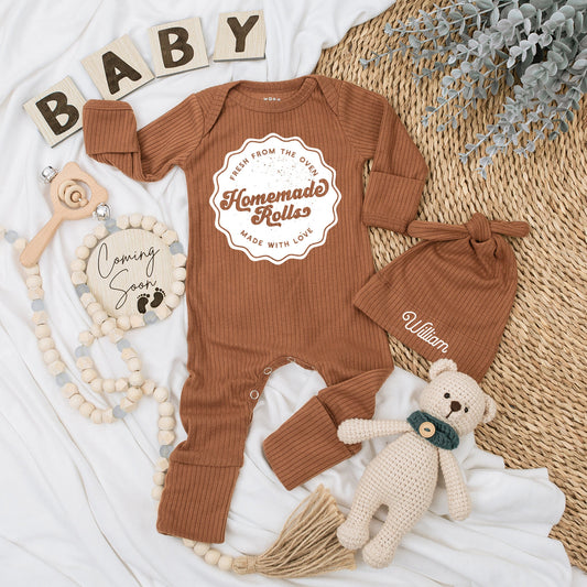 Personalized Homemade Rolls Baby Bodysuit & Hat Set Fresh from the Oven Vintage Rustic Pregnancy Reveal Gift