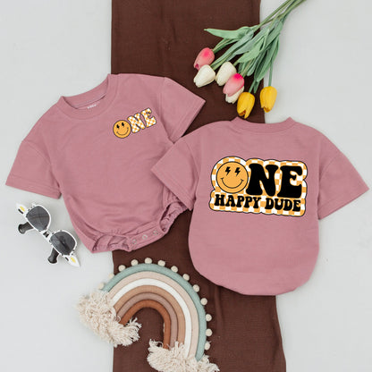 One Happy Dude 1st Birthday Shirts Matching Mommy and Me Outfit Yellow Smiley Face Family T-shirts Toddler Boy Bodysuit Retro