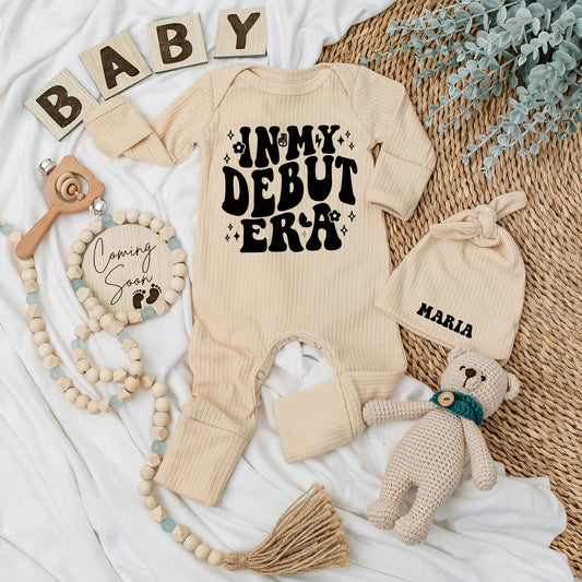 Personalized Baby 'In My Debut Era' Retro Bodysuit & Hat Set Newborn Announcement Pregnancy Reveal Going Home Outfit Cute Floral Gift