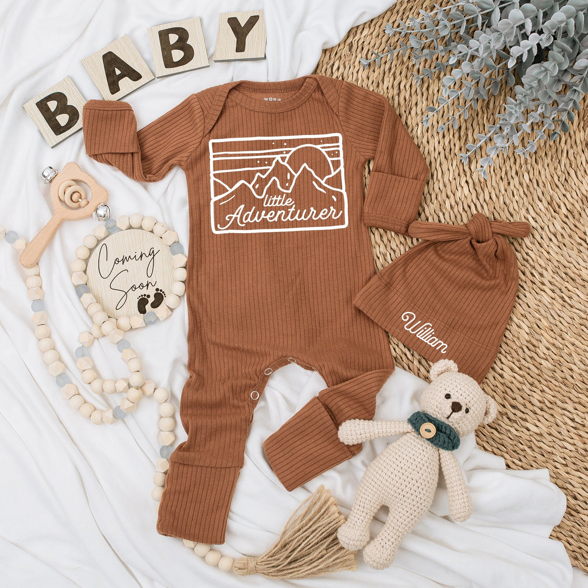 Personalized Little Adventurer Baby Bodysuit Hat Set Mountain Sun Design Custom Name Newborn Outfit Going Home Gift Cute Graphic Soft Cotton Clothing
