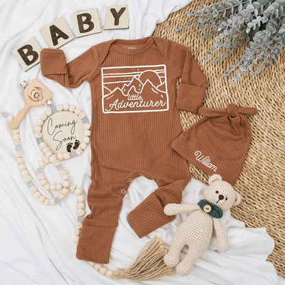 Personalized Little Adventurer Baby Bodysuit Hat Set Mountain Sun Design Custom Name Newborn Outfit Going Home Gift Cute Graphic Soft Cotton Clothing