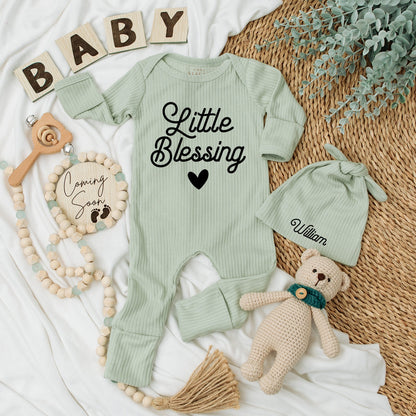 Personalized Little Blessing Baby Bodysuit and Hat Set, Newborn Going Home Outfit, Sweet Infant Gift with Black Script Design, Natural Cotton