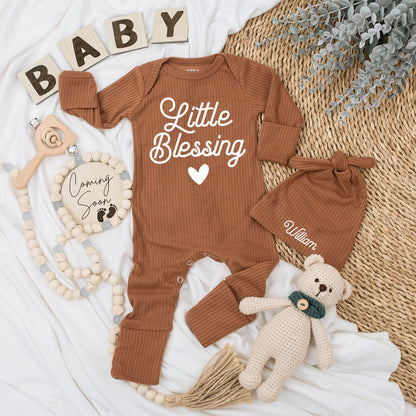 Personalized Little Blessing Baby Bodysuit and Hat Set, Newborn Going Home Outfit, Sweet Infant Gift with Black Script Design, Natural Cotton