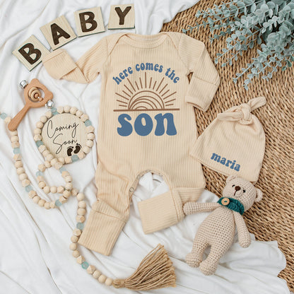 Personalized Here Comes The Son Baby Bodysuit and Hat Set Retro Sun Design Brown Teal Long Sleeve Newborn Coming Home Baby Shower Gift