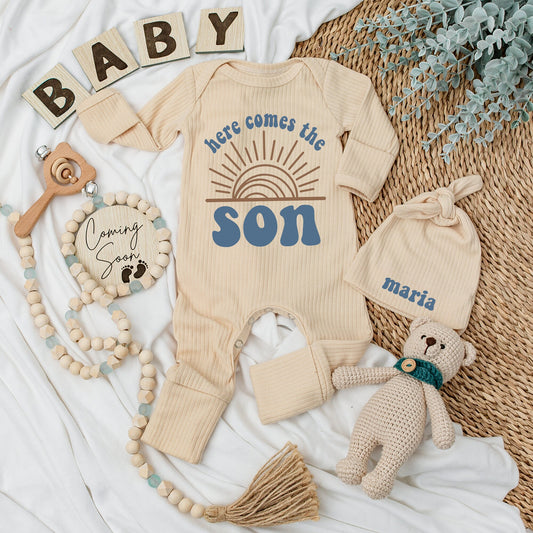 Personalized Here Comes The Son Baby Bodysuit and Hat Set Retro Sun Design Brown Teal Long Sleeve Newborn Coming Home Baby Shower Gift