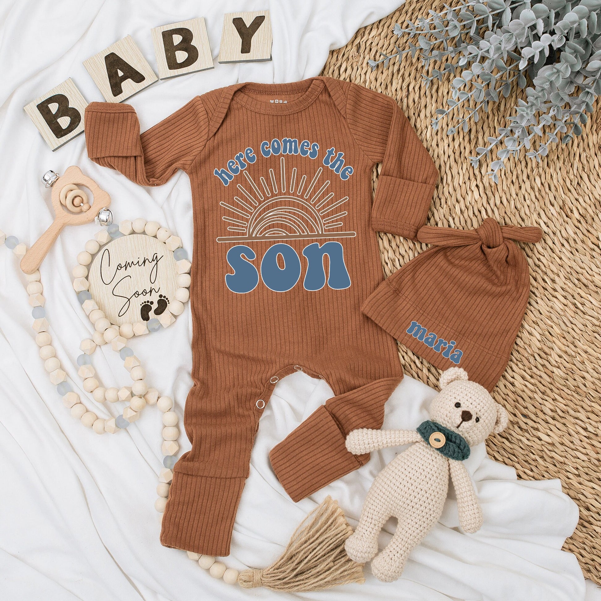 Personalized Here Comes The Son Baby Bodysuit and Hat Set Retro Sun Design Brown Teal Long Sleeve Newborn Coming Home Baby Shower Gift