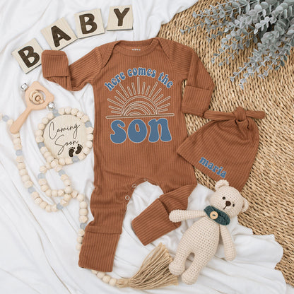 Personalized Here Comes The Son Baby Bodysuit and Hat Set Retro Sun Design Brown Teal Long Sleeve Newborn Coming Home Baby Shower Gift