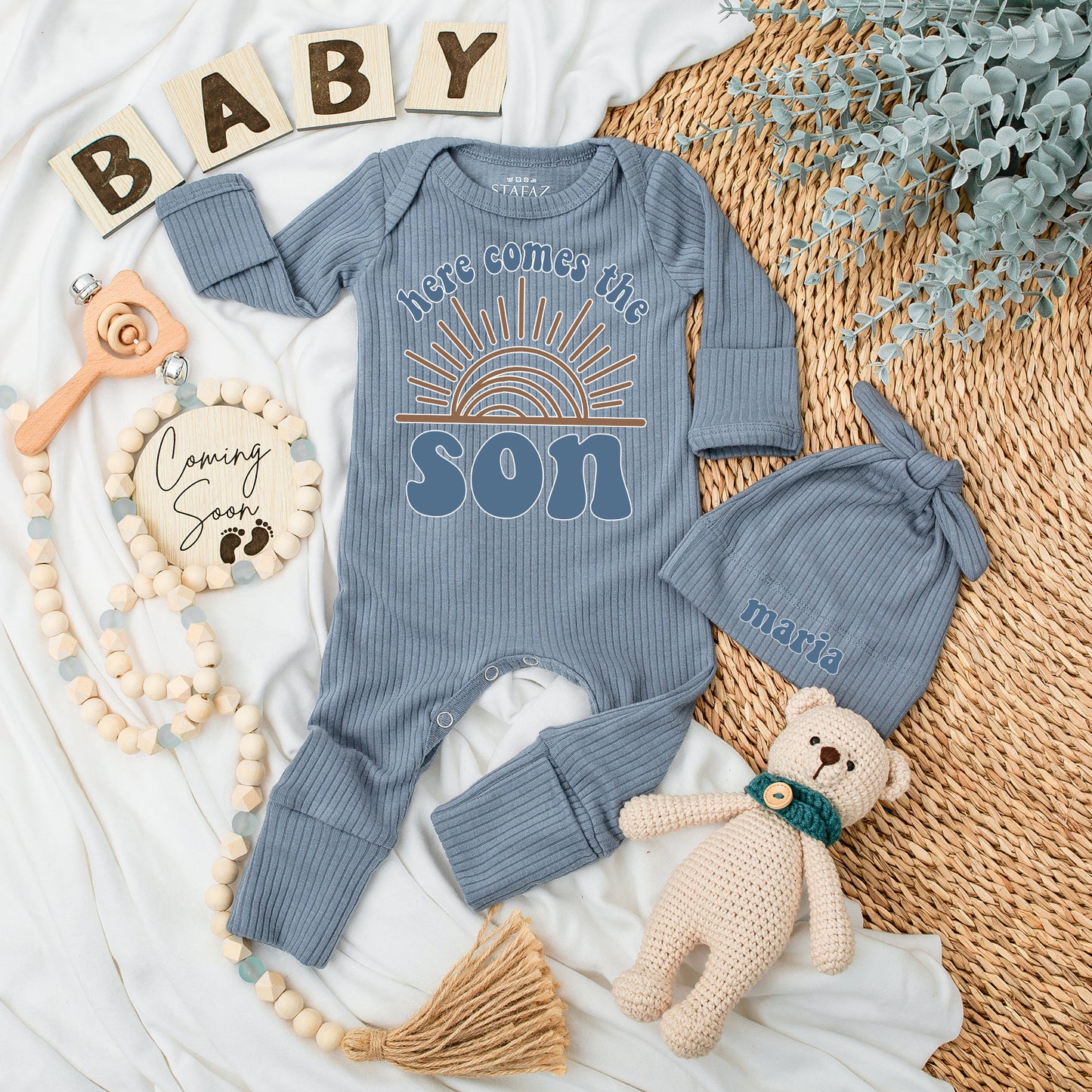 Personalized Here Comes The Son Baby Bodysuit and Hat Set Retro Sun Design Brown Teal Long Sleeve Newborn Coming Home Baby Shower Gift