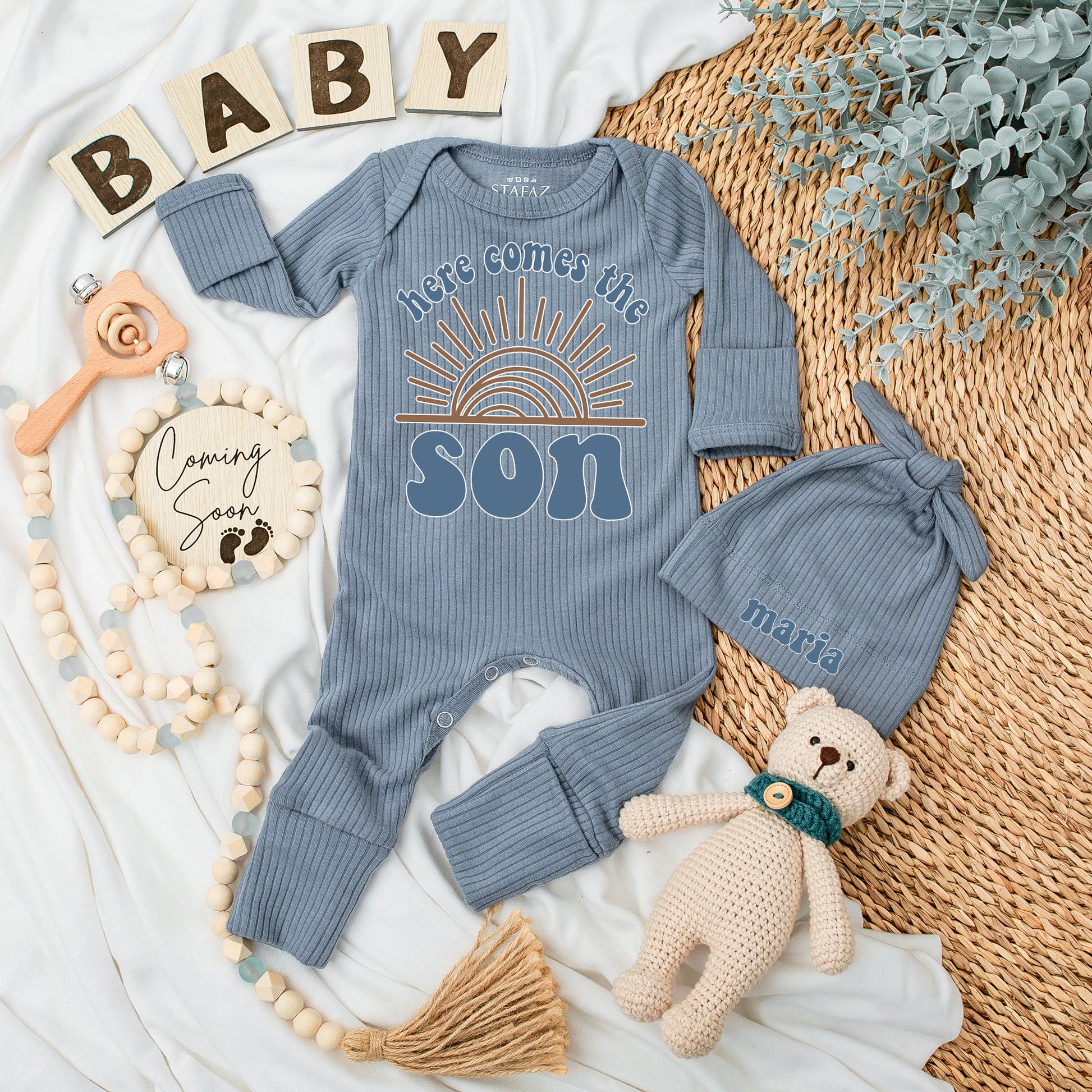 Personalized Here Comes The Son Baby Bodysuit and Hat Set Retro Sun Design Brown Teal Long Sleeve Newborn Coming Home Baby Shower Gift