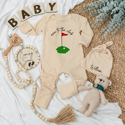 New to the Club Baby Golf Bodysuit & Hat Set Green Flag Design Newborn Coming Home Outfit Baby Shower Gift Long Sleeve Infant Apparel