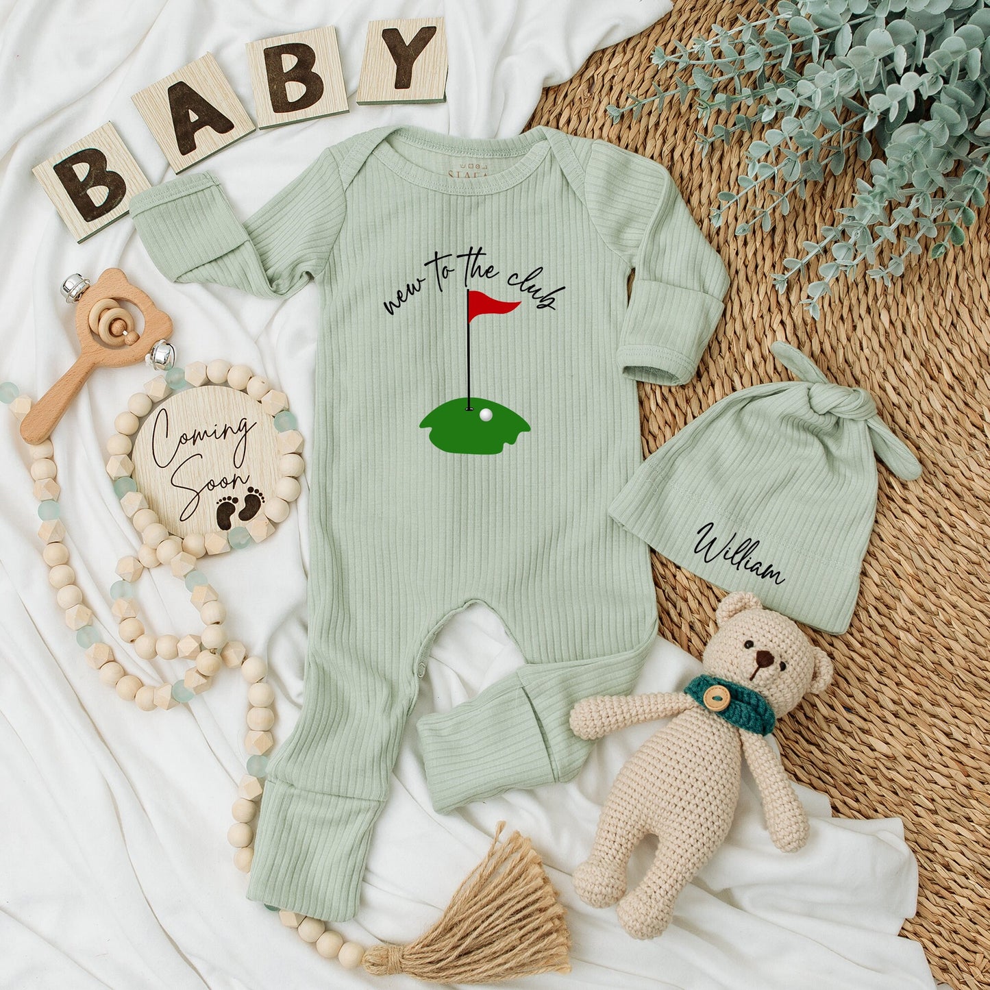 New to the Club Baby Golf Bodysuit & Hat Set Green Flag Design Newborn Coming Home Outfit Baby Shower Gift Long Sleeve Infant Apparel