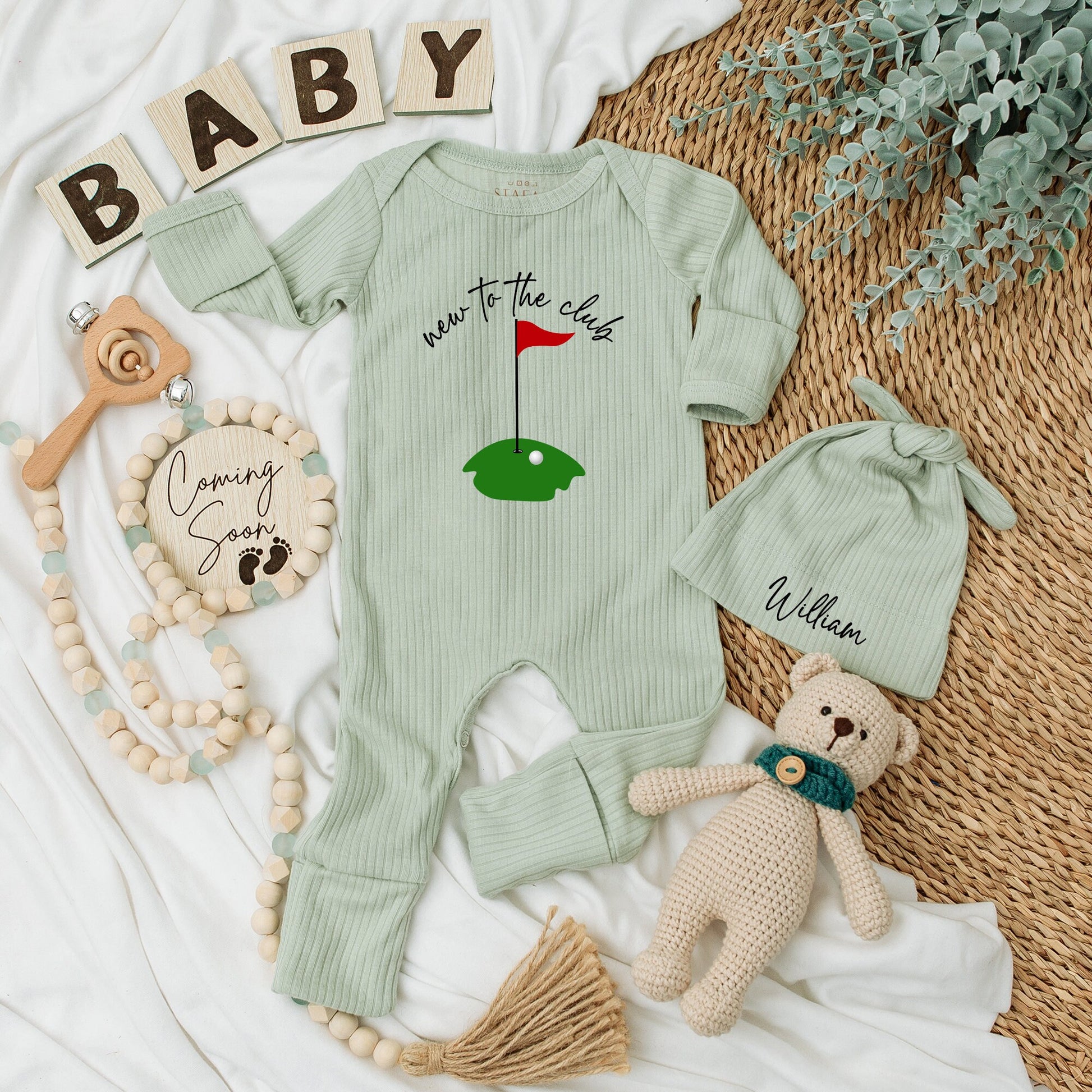 New to the Club Baby Golf Bodysuit & Hat Set Green Flag Design Newborn Coming Home Outfit Baby Shower Gift Long Sleeve Infant Apparel