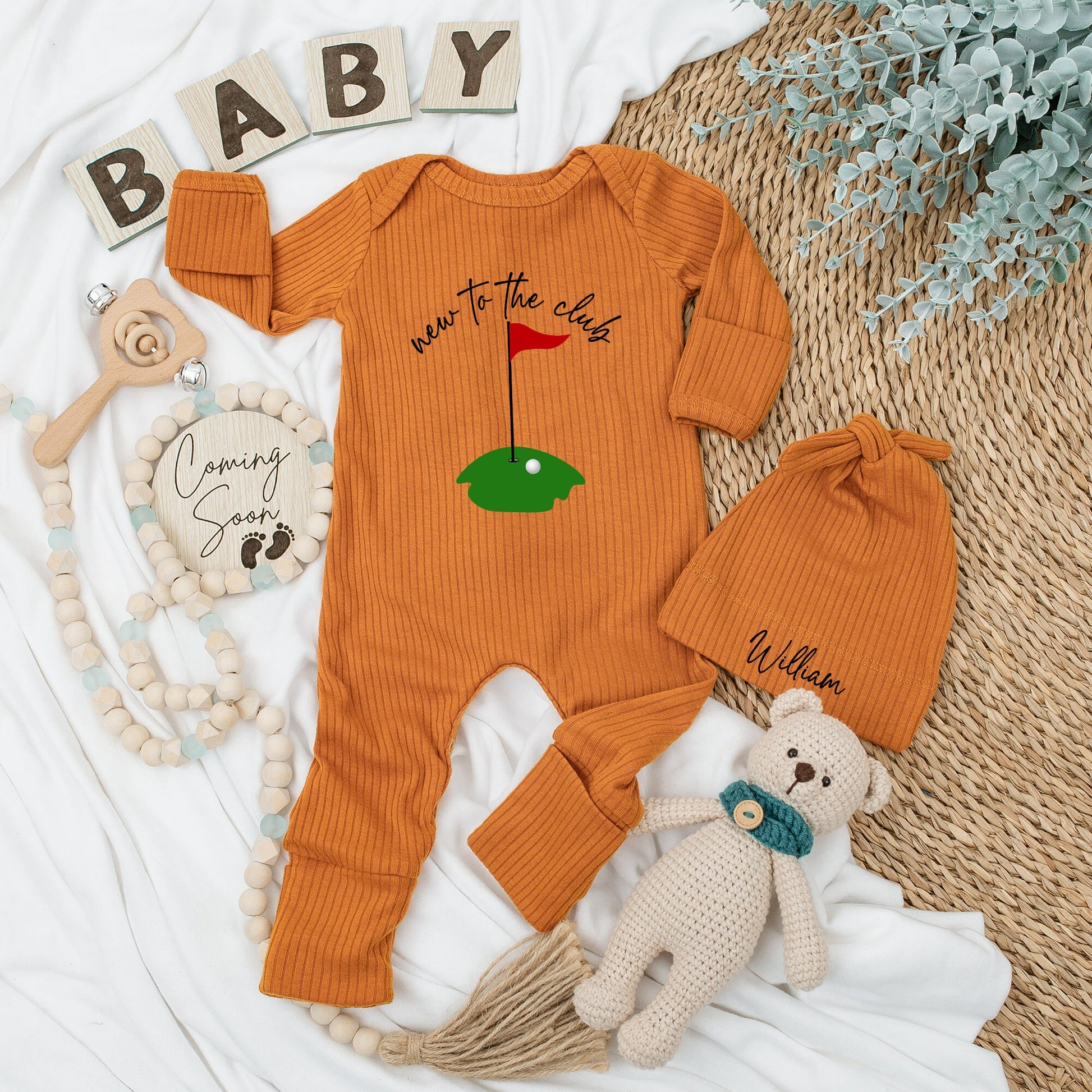 New to the Club Baby Golf Bodysuit & Hat Set Green Flag Design Newborn Coming Home Outfit Baby Shower Gift Long Sleeve Infant Apparel