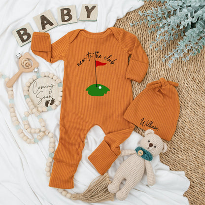 New to the Club Baby Golf Bodysuit & Hat Set Green Flag Design Newborn Coming Home Outfit Baby Shower Gift Long Sleeve Infant Apparel